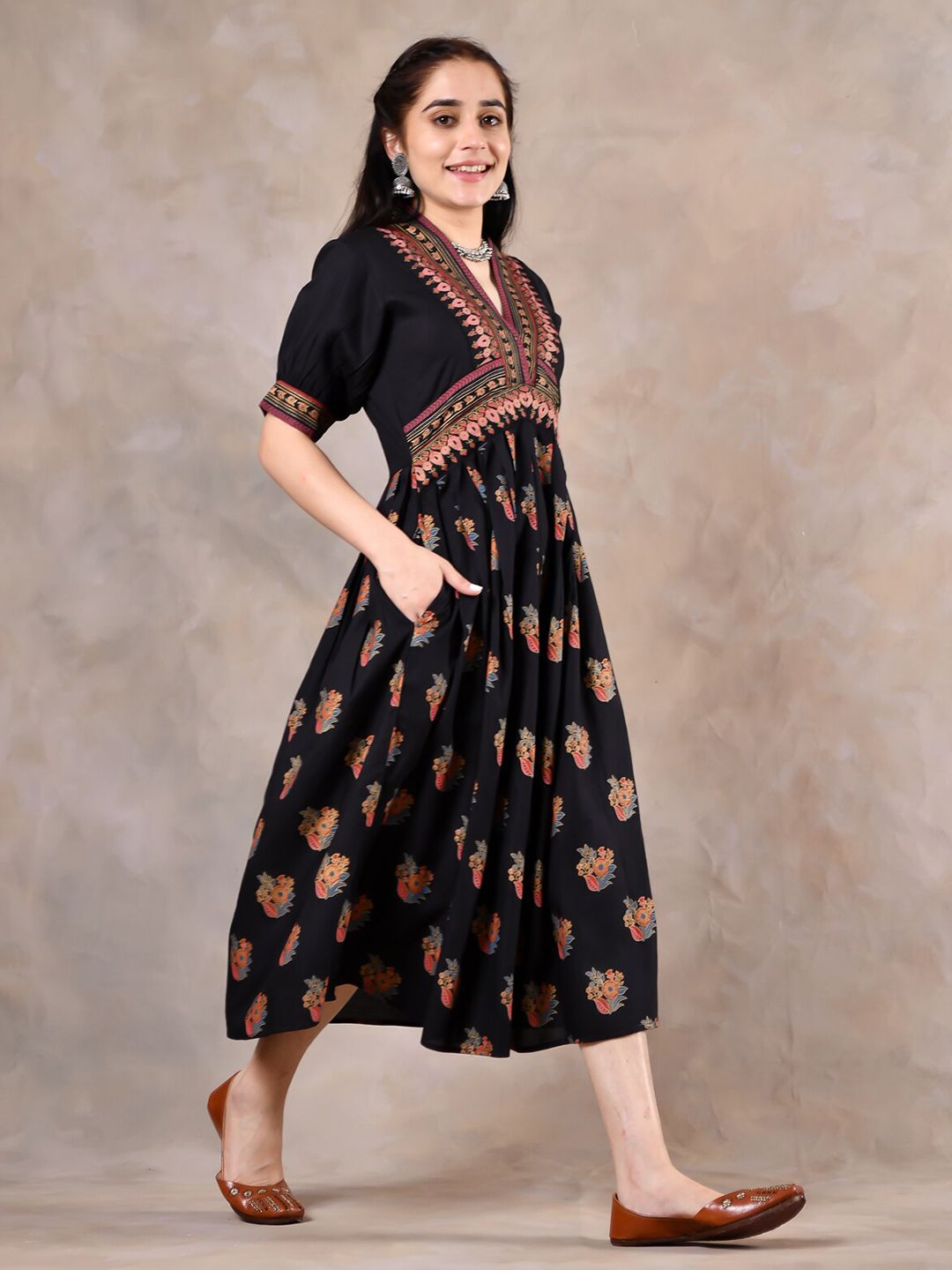 Rustorange Floral A-Line Midi Rayon Dress