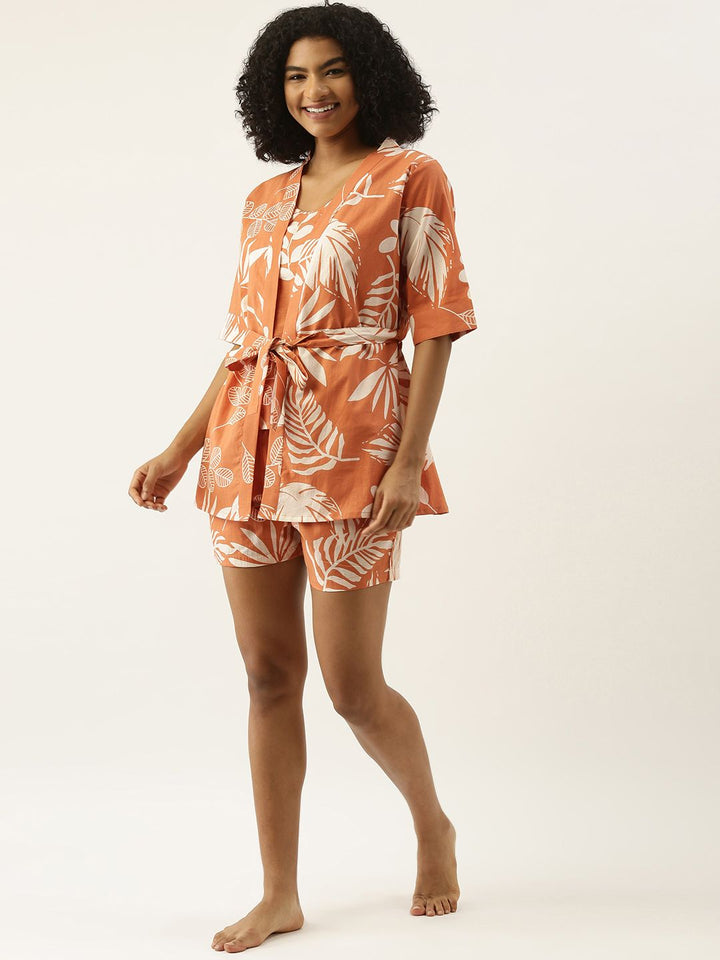 SANSKRUTIHOMES Women Coral Orange & Off White Printed Cotton Shorts Set with Robe