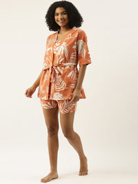 SANSKRUTIHOMES Women Coral Orange & Off White Printed Cotton Shorts Set with Robe