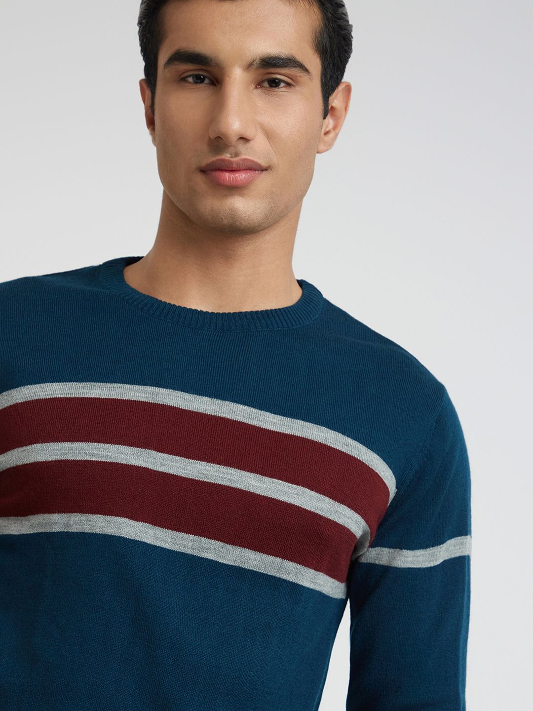 Raymond Men Teal Blue Striped Pullover