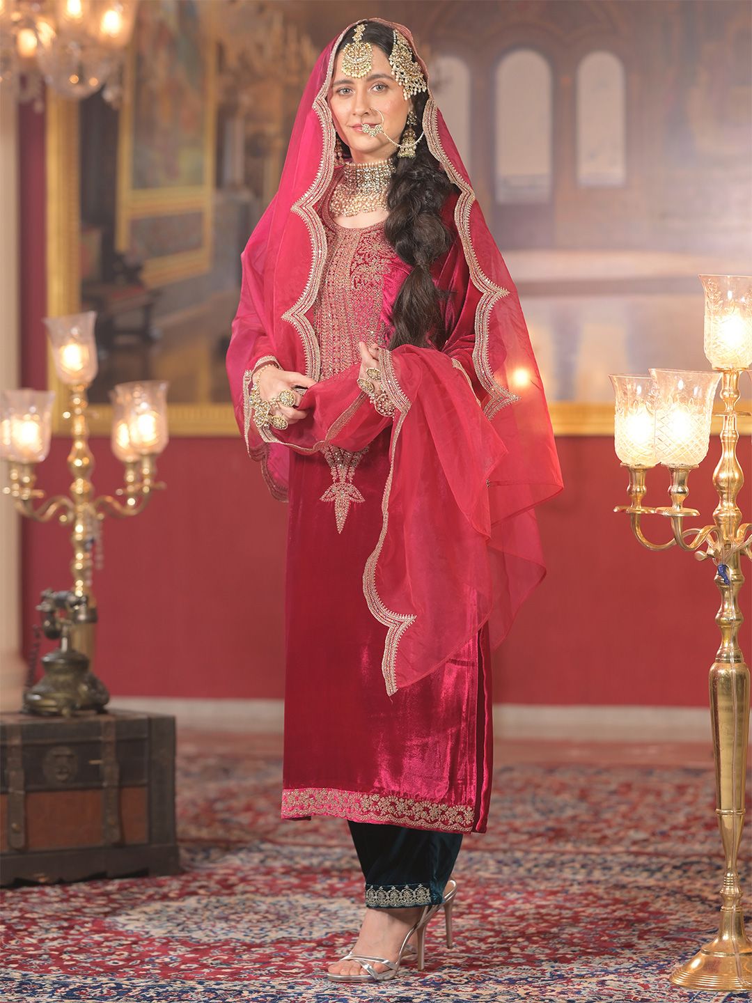 Indo Era Ethnic Motifs Embroidered Sequinned Velvet Kurta With Trousers & Dupatta