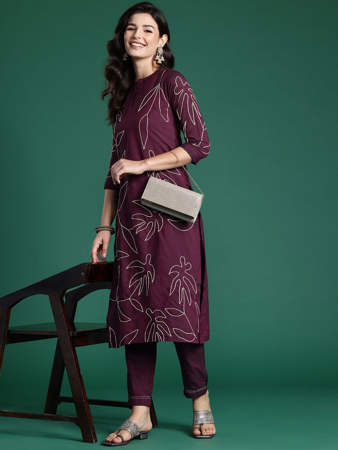 Indo Era Floral Embroidered Thread Work Pure Cotton Kurta with Trousers