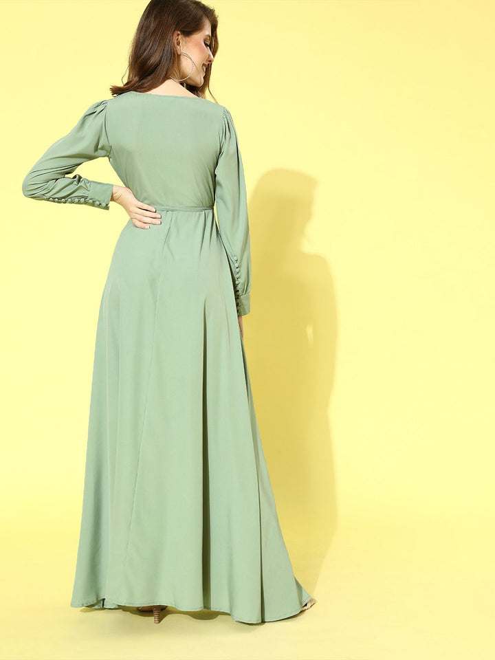 Berrylush Women Pastel Green Solid Bishop Sleeves Dress