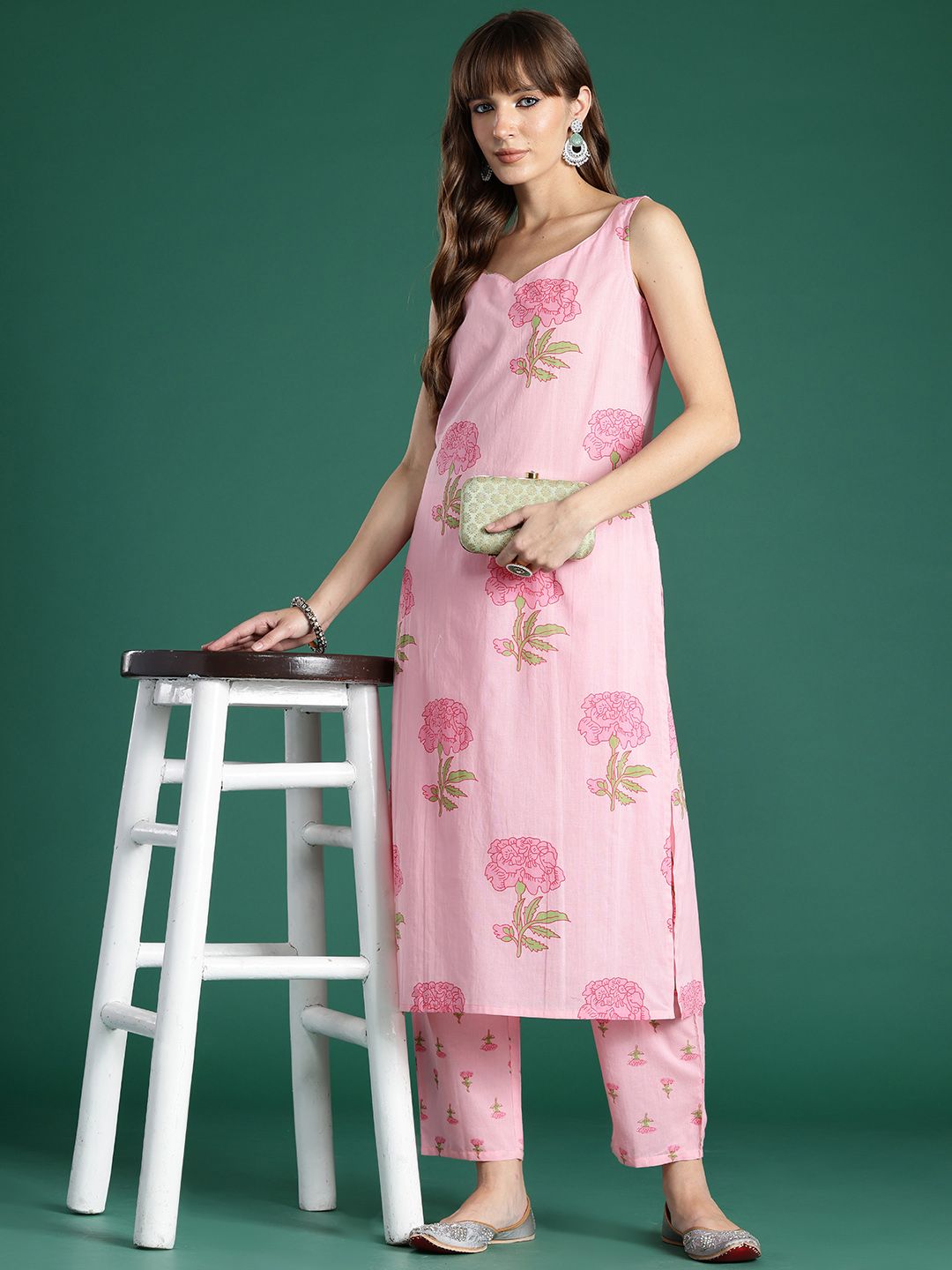 Indo Era Floral Printed Pure Cotton Kurta with Trousers