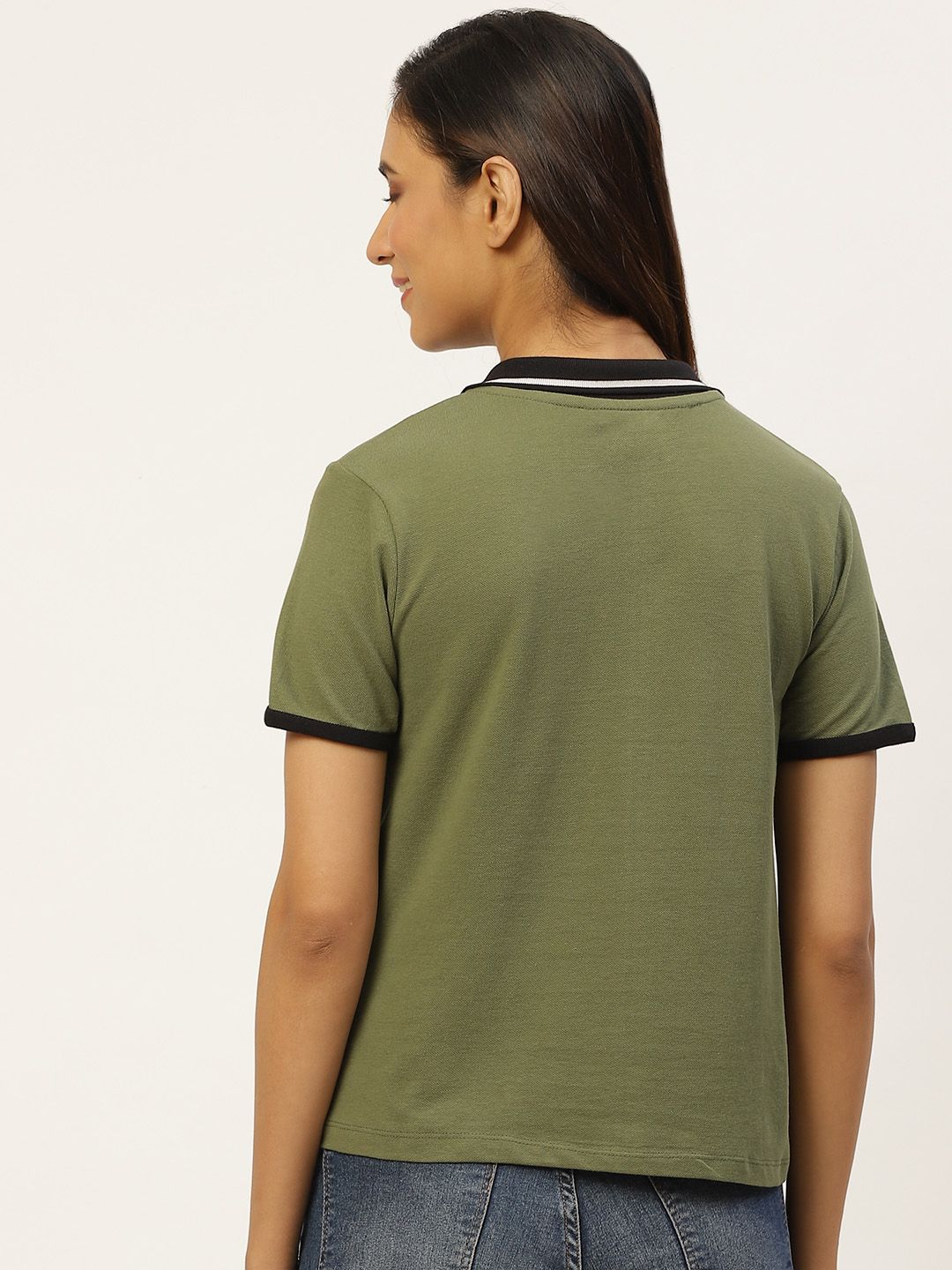 DressBerry Women Olive Green Polo Collar Pure Cotton T-shirt