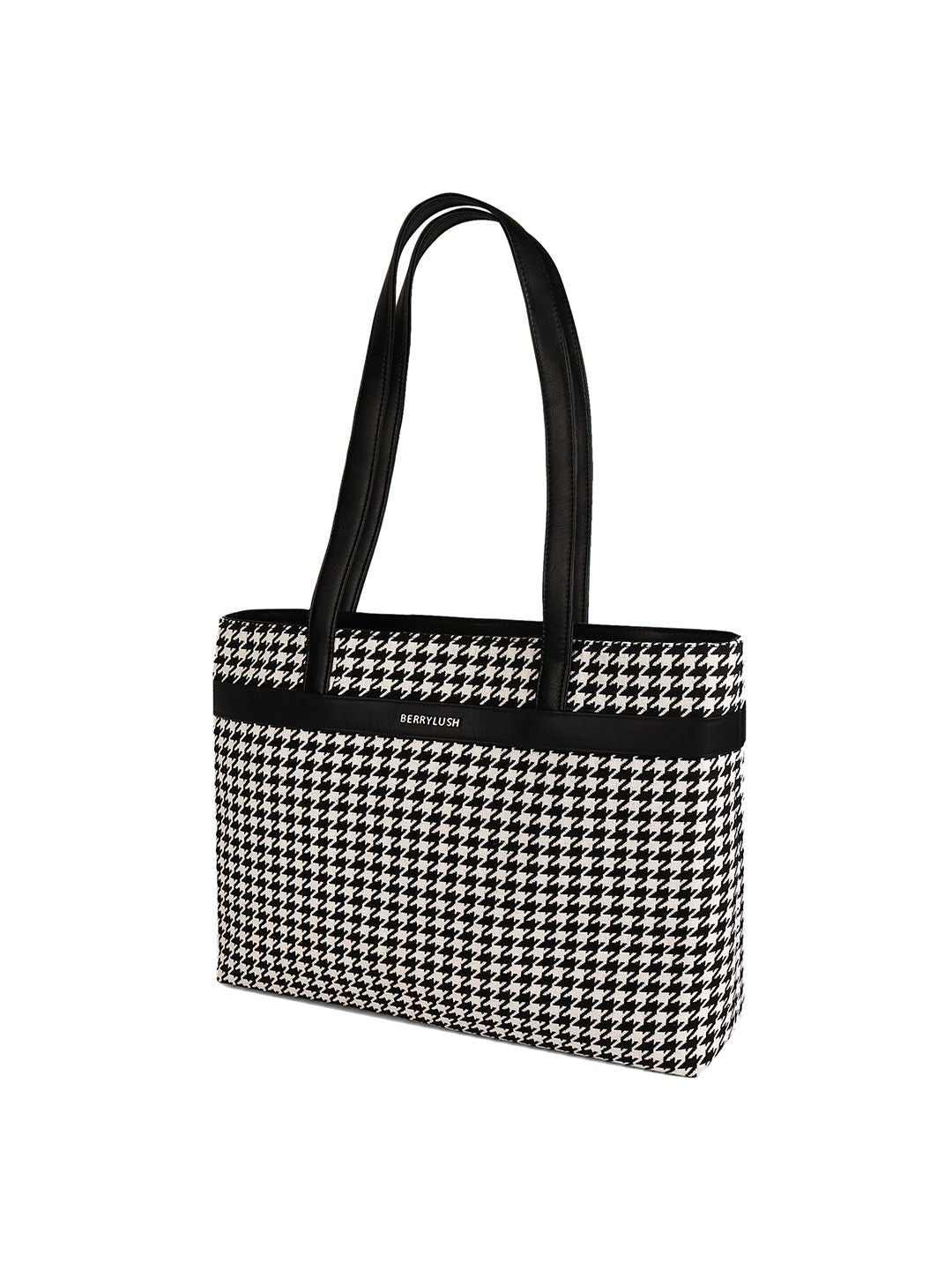 Berrylush Black Self Design Shopper Tote Bag