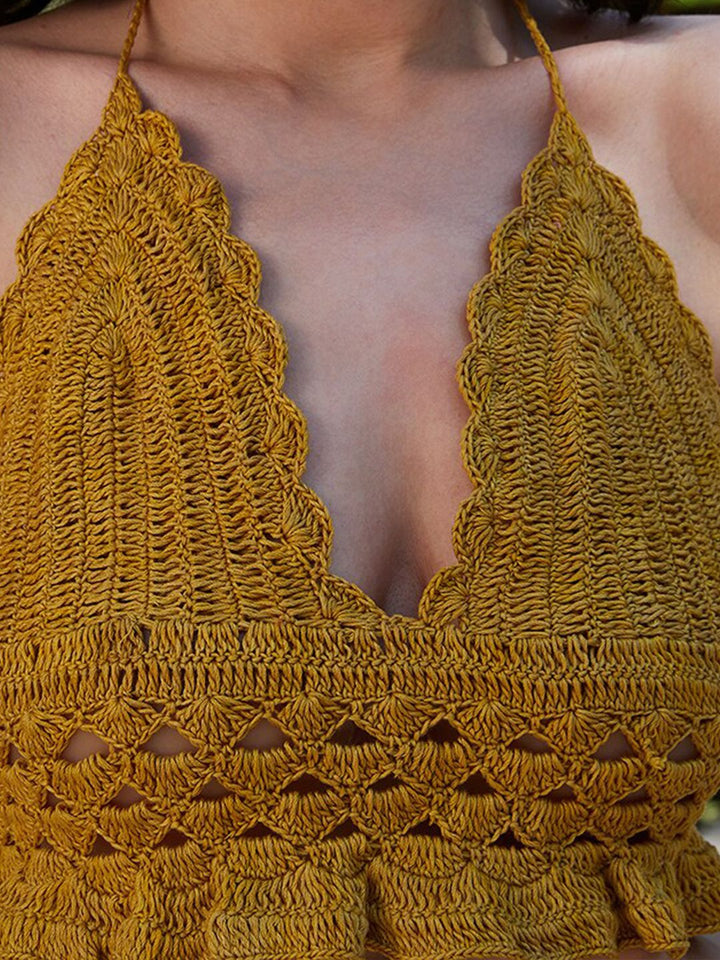 Athena Mustard Yellow Self Design Halter Neck Cotton Crochet Crop Top