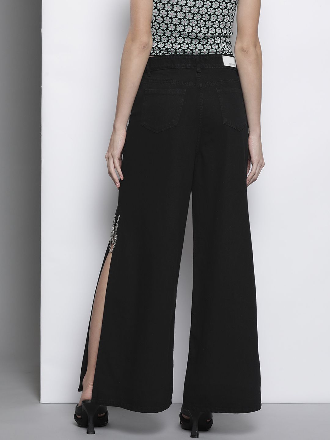 SASSAFRAS Women Black Flared High-Rise Cotton Chain Slit Jeans