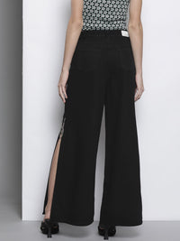 SASSAFRAS Women Black Flared High-Rise Cotton Chain Slit Jeans