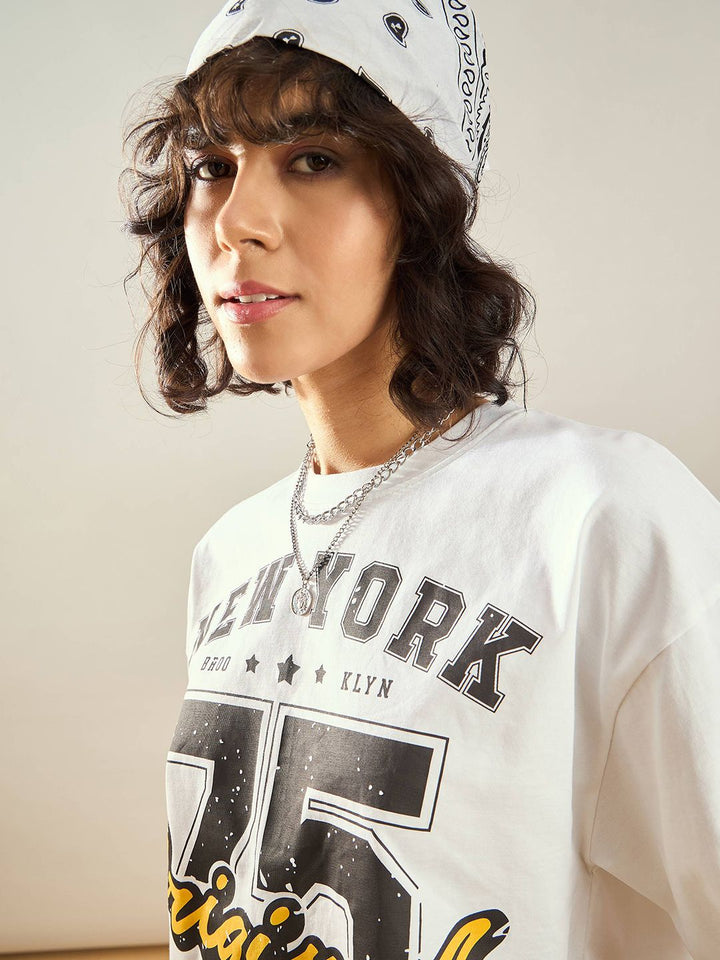 SASSAFRAS White Typography Printed Round Neck Pure Cotton Oversized Crop T-shirt