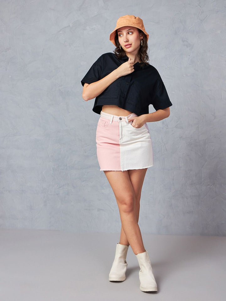 Bewakoof Black Drop-Shoulder Sleeves Cotton Oversized Crop Casual Shirt