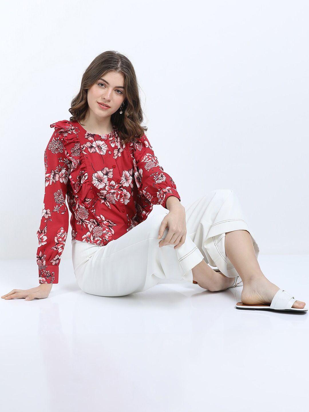 Tokyo Talkies Rust Floral Print Tie-Up Neck Top