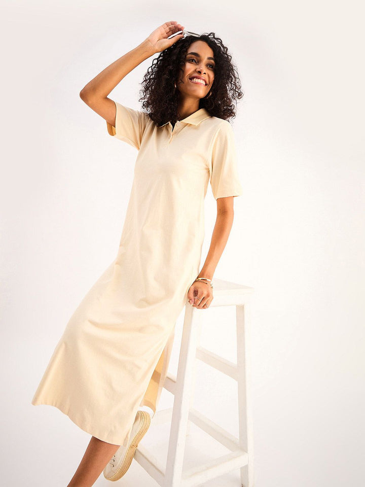 SASSAFRAS BASICS Beige Shirt Collar Pure Cotton Oversized T-shirt Midi Dress