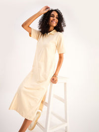 SASSAFRAS BASICS Beige Shirt Collar Pure Cotton Oversized T-shirt Midi Dress