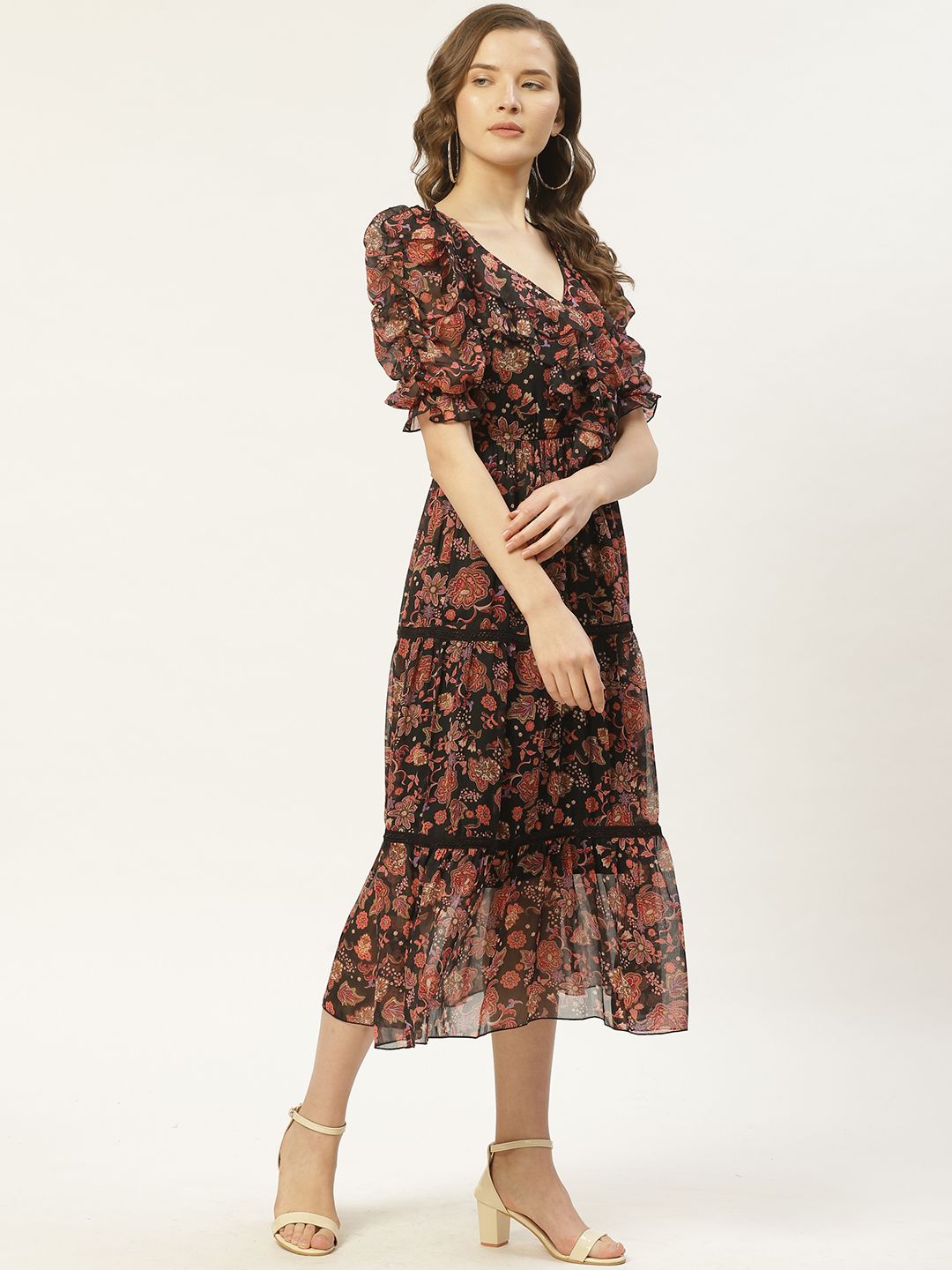 Antheaa Black & Rust Orange Floral Print Tiered Midi Fit & Flare Dress with Ruffles