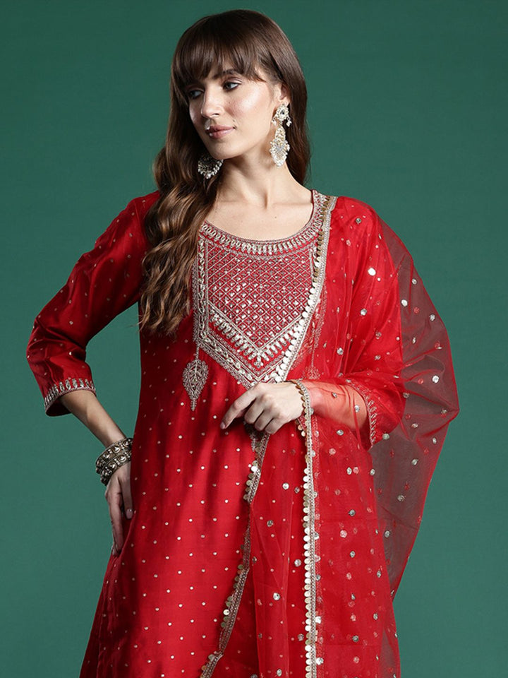 Indo Era Embroidered Sequinned Kurta With Trousers & Dupatta