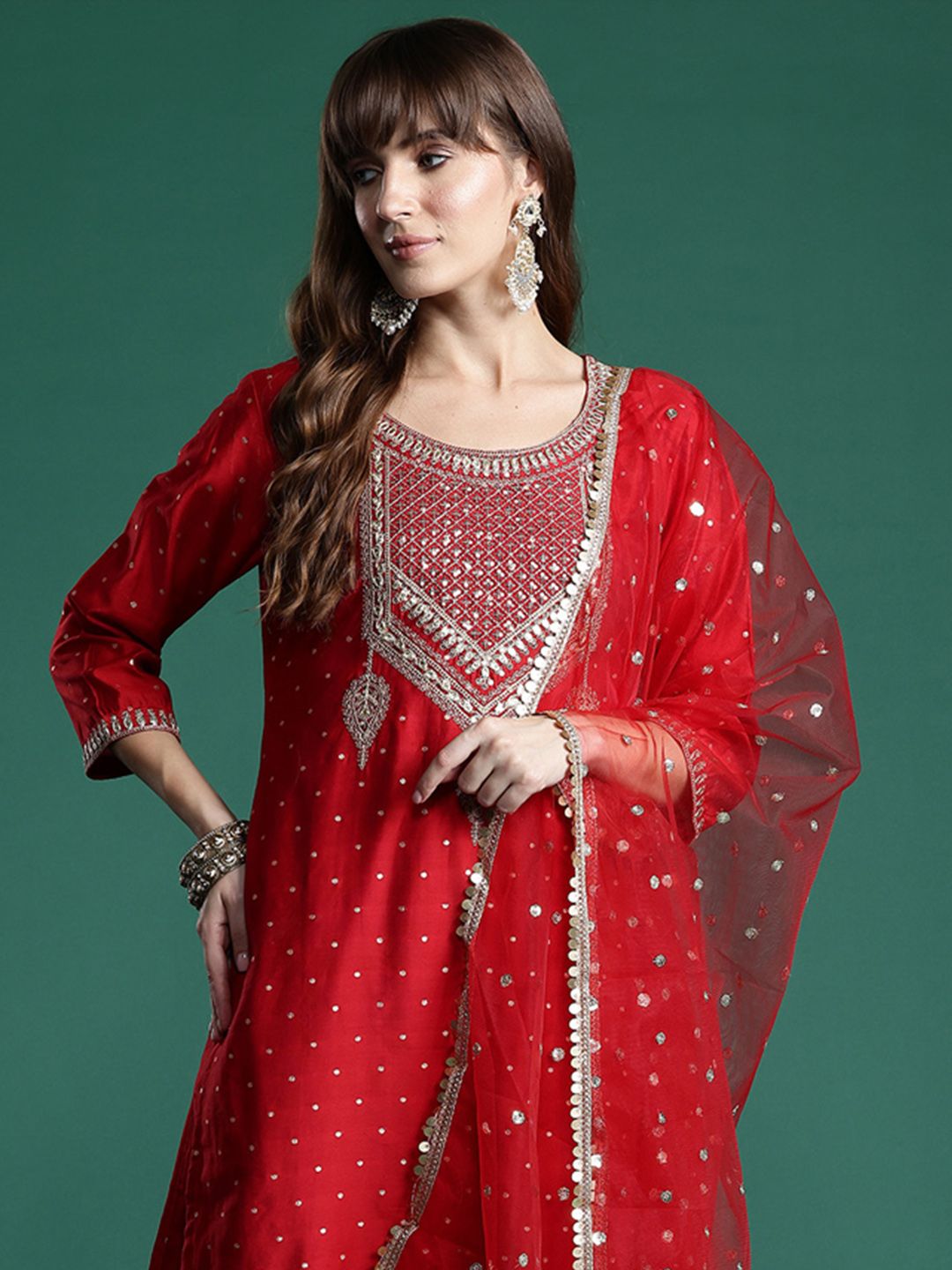 Indo Era Embroidered Sequinned Kurta With Trousers & Dupatta