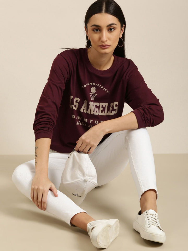 DILLINGER Women Maroon Varsity Printed Pure Cotton Oversized  T-shirt