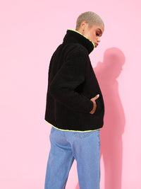 SASSAFRAS Women Stylish Black Solid Faux Fur Jacket