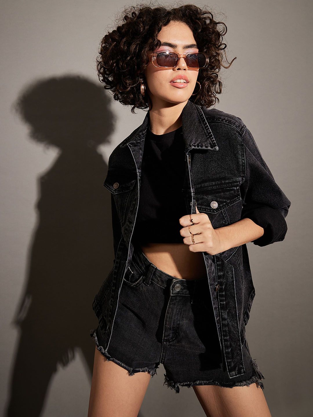 SASSAFRAS Black Washed Spread Collar Denim Jacket