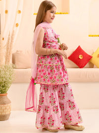 pspeaches Girls Floral Printed Gotta Patti Pure Cotton Kurta With Sharara & Dupatta