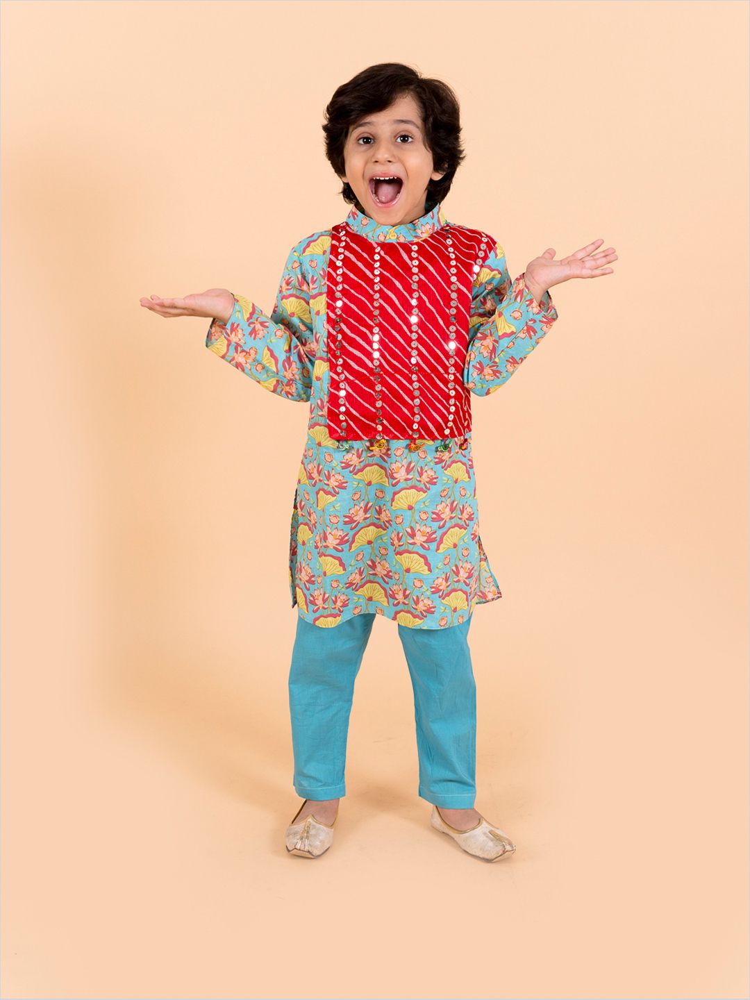 Pspeaches Boys Sea Green Printed Kurta with Pyjama Set