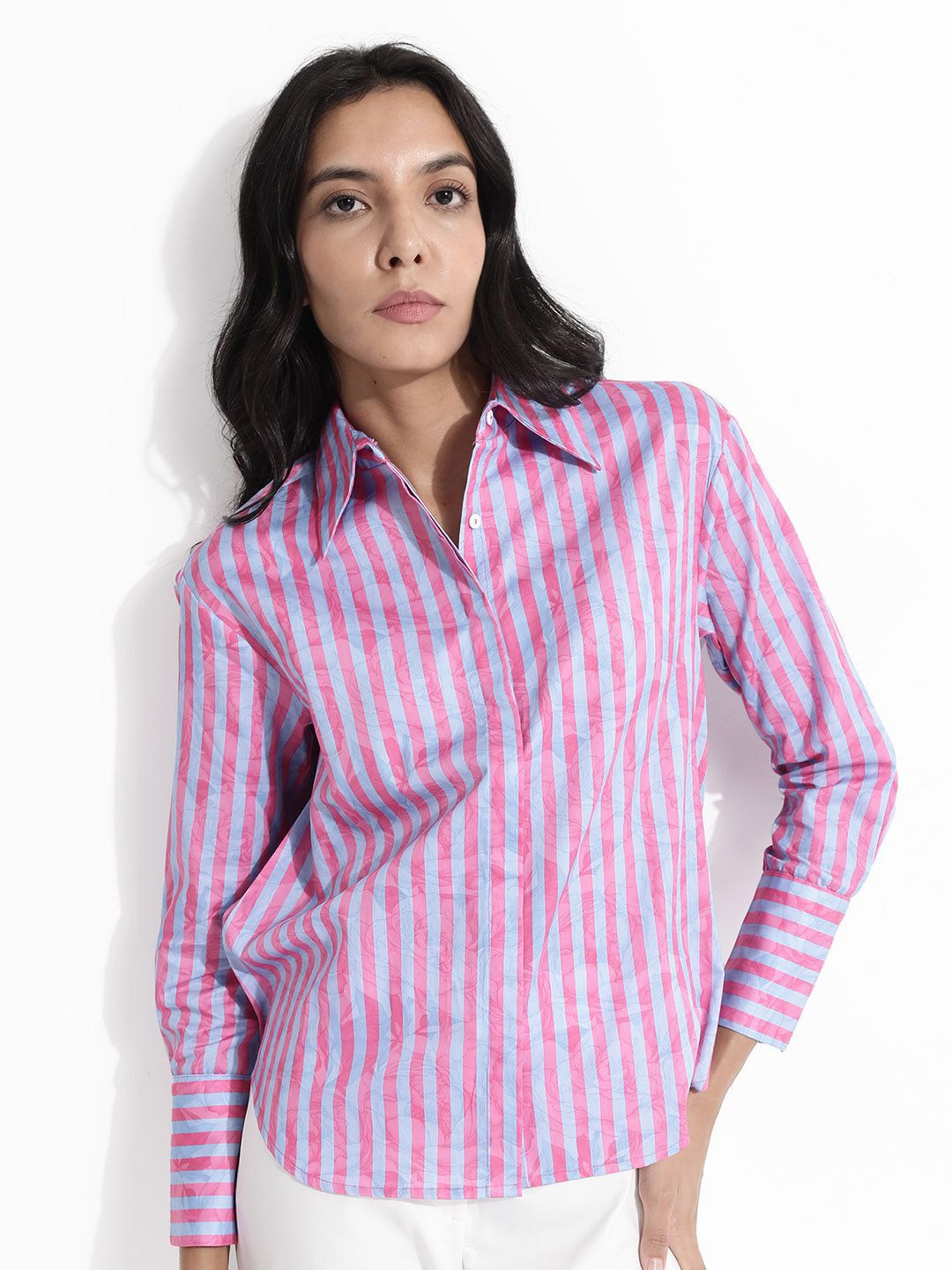 RAREISM Shirt Collar Long Sleeves Striped Cotton Top