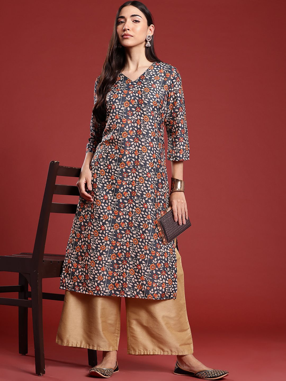 Anouk Floral Print Straight Kurta