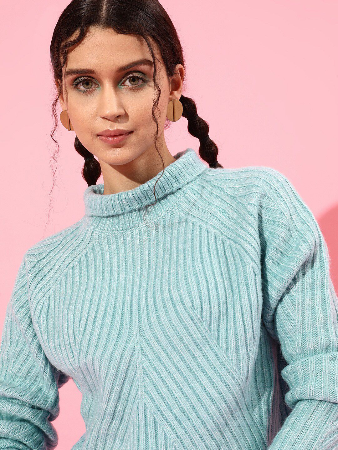 STREET 9 Women Turquoise Blue Striped Sweater