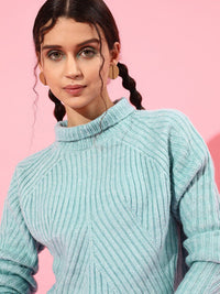 STREET 9 Women Turquoise Blue Striped Sweater