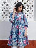 Janasya Floral Printed Mandarin Collar Pure Cotton Pleated A-Line Tunic