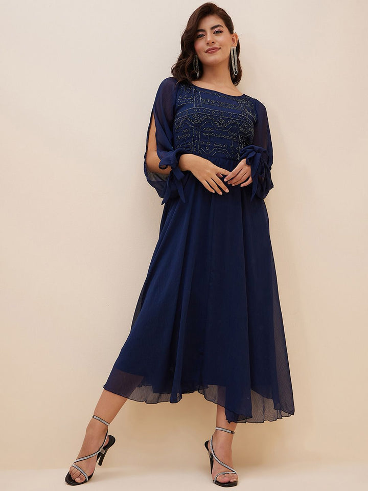 Antheaa Embellished Slit Sleeve Chiffon Fit & Flare Midi Dress