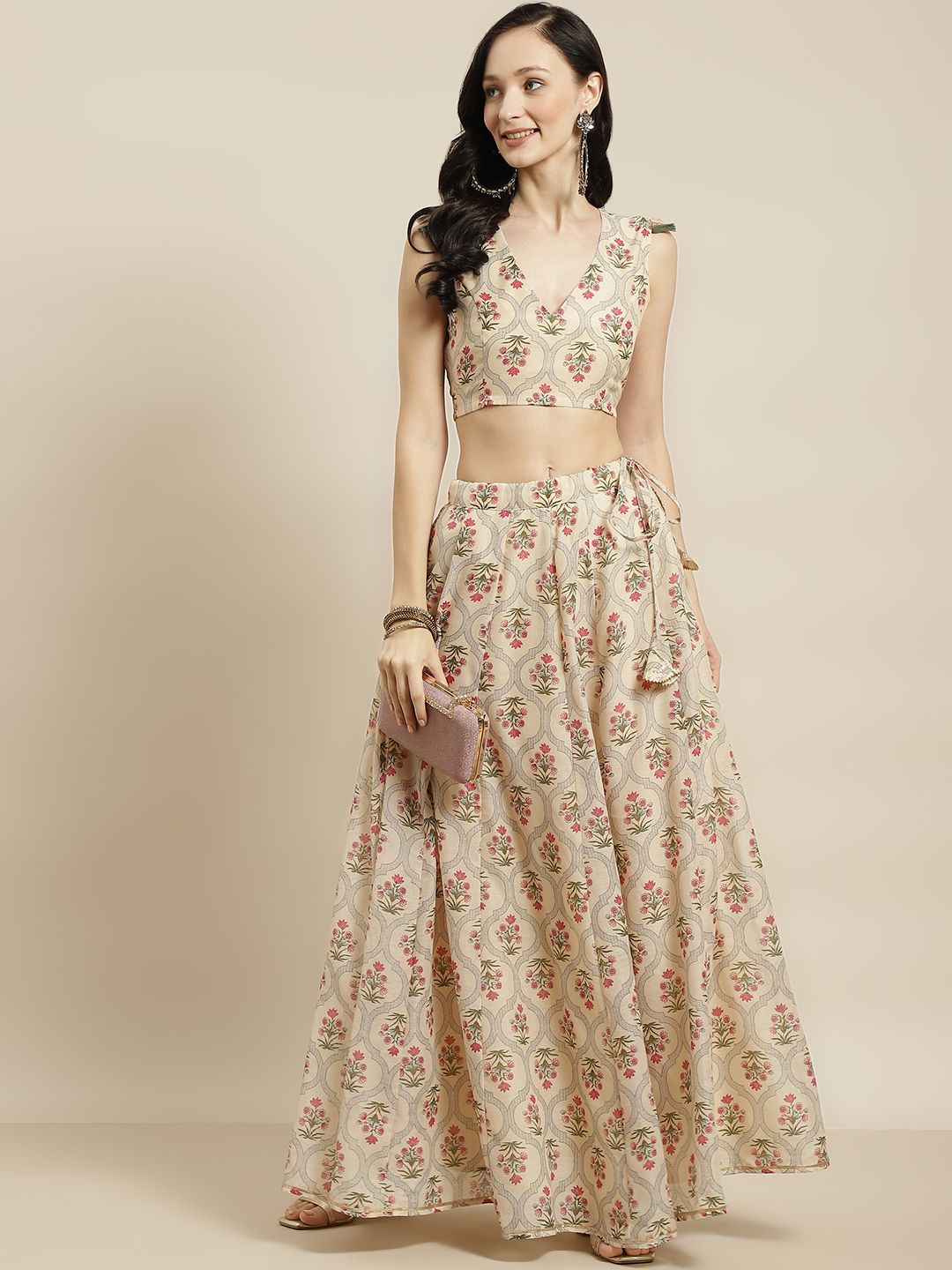 Shae by SASSAFRAS Beige & Pink Printed Ready to Wear Lehenga