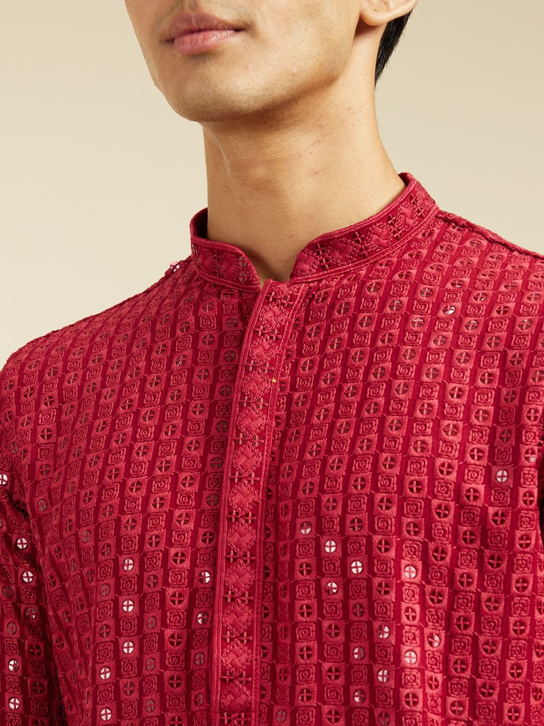 Diwas by Manyavar Geometric Chikankari Embroidered & Sequinned Mandarin Collar Kurta