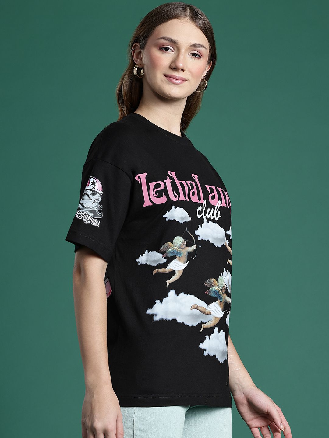 DressBerry Women Pure Cotton Graphic Drop-Shoulder Sleeves T-shirt