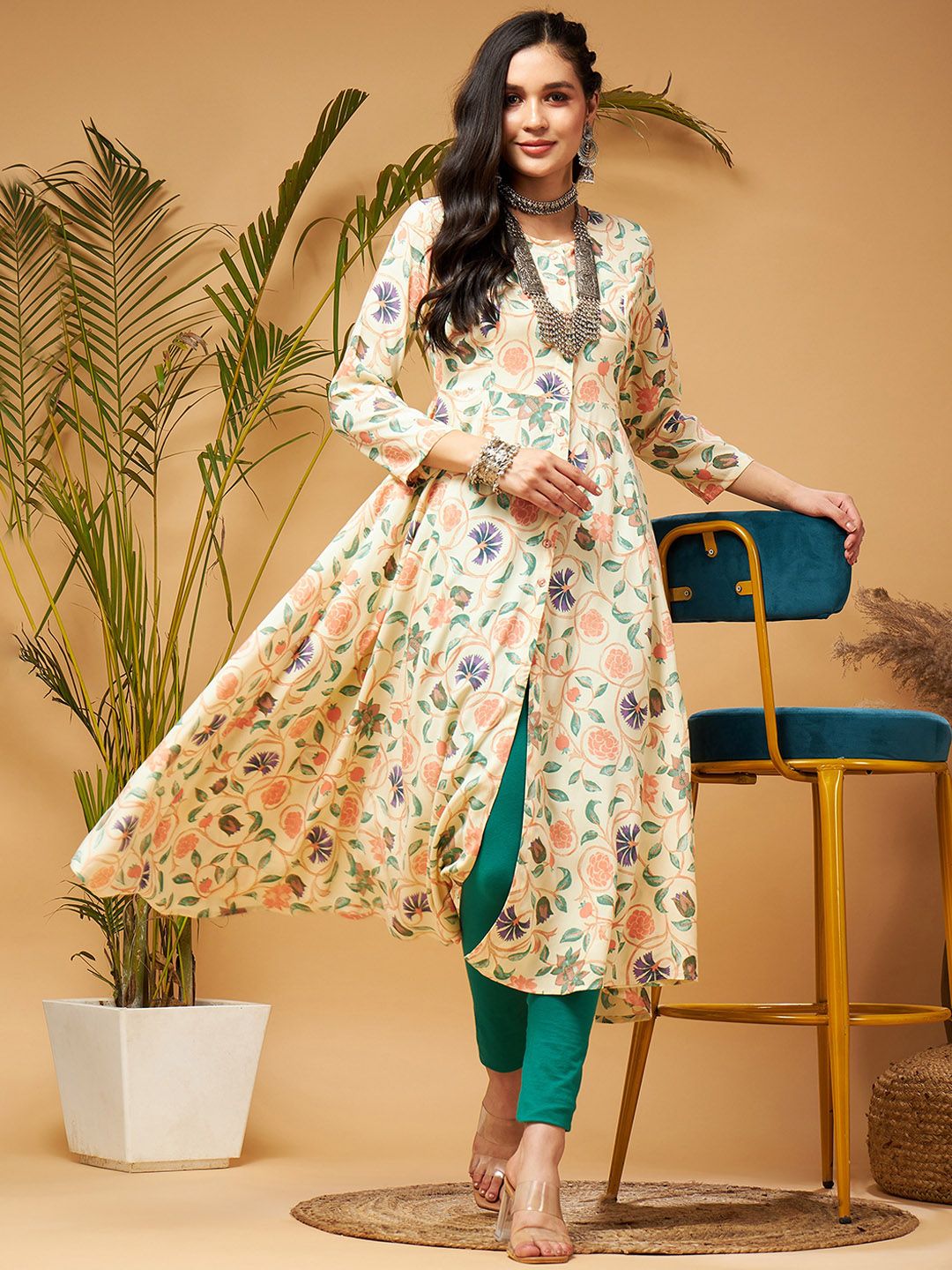 Shae by SASSAFRAS Beige Floral Printed Front Open Anarkali Kurta