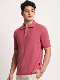 THE BEAR HOUSE Men Self Design Slim Fit Cotton Polo Collar T-Shirt