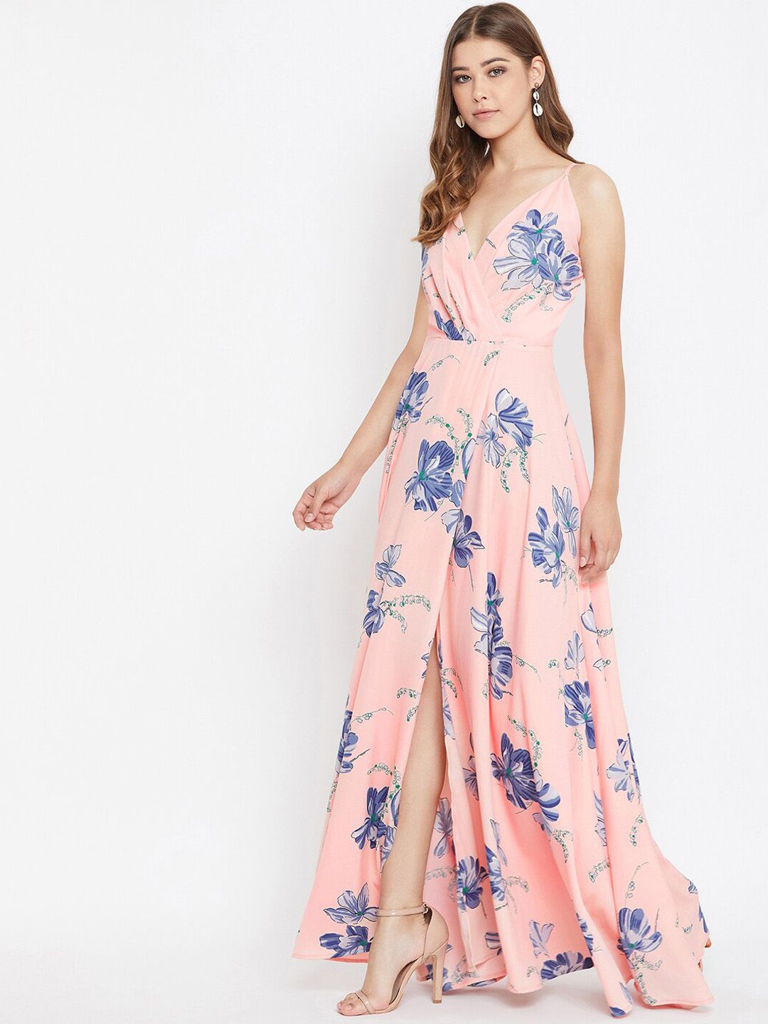Berrylush Women Pink & Blue Floral Print Maxi Dress