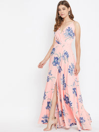 Berrylush Women Pink & Blue Floral Print Maxi Dress