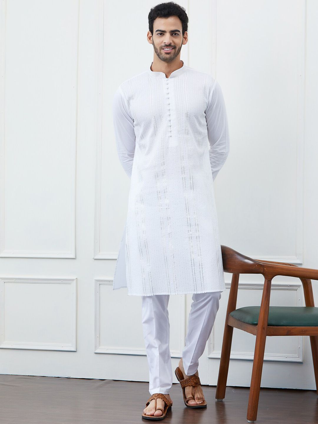 See Designs Striped Mandarin Collar Gotta Patti Cotton Kurta