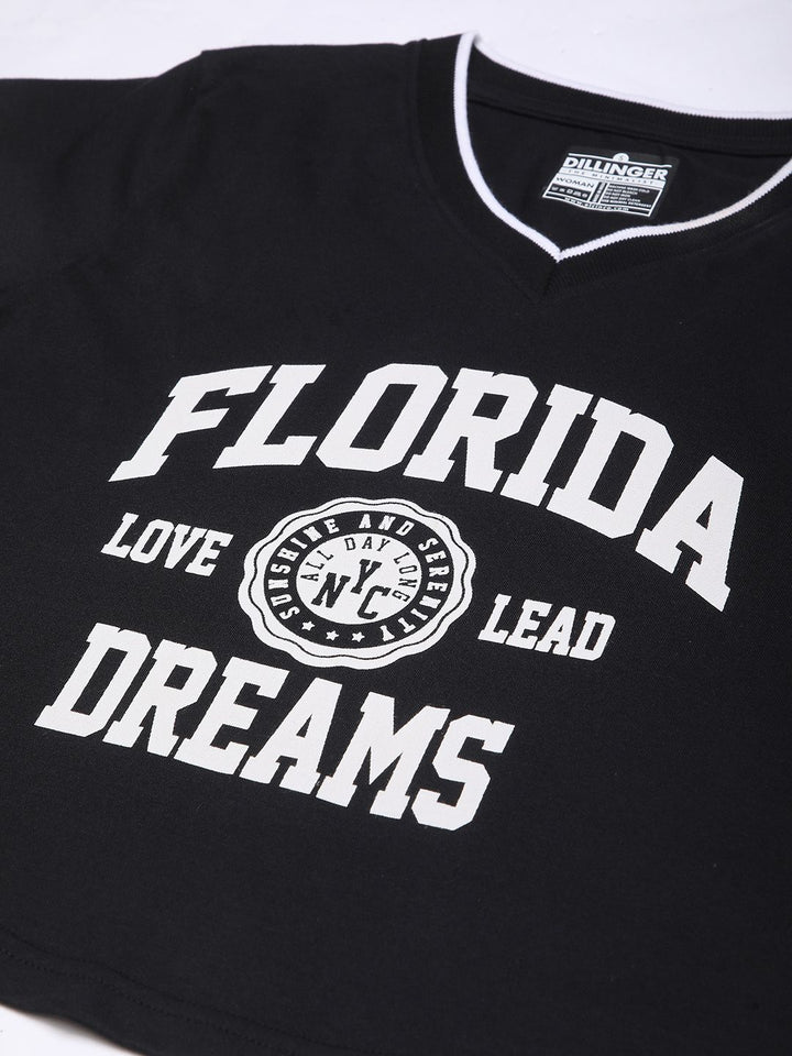 DILLINGER Women Regular Fit Cropped V-Neck Varsity Printed Tshirt