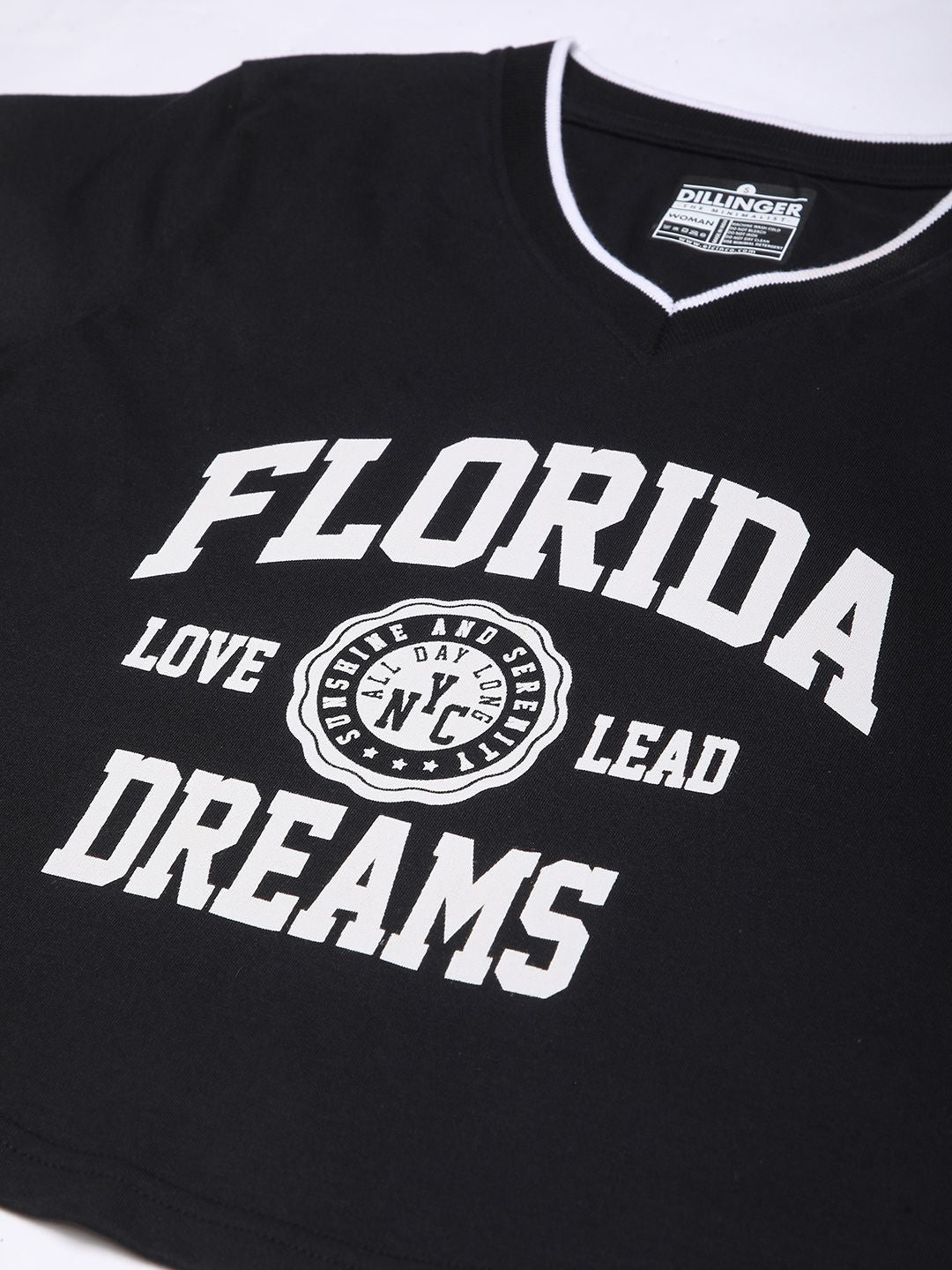 DILLINGER Women Regular Fit Cropped V-Neck Varsity Printed Tshirt