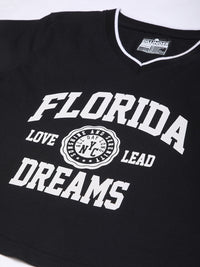 DILLINGER Women Regular Fit Cropped V-Neck Varsity Printed Tshirt