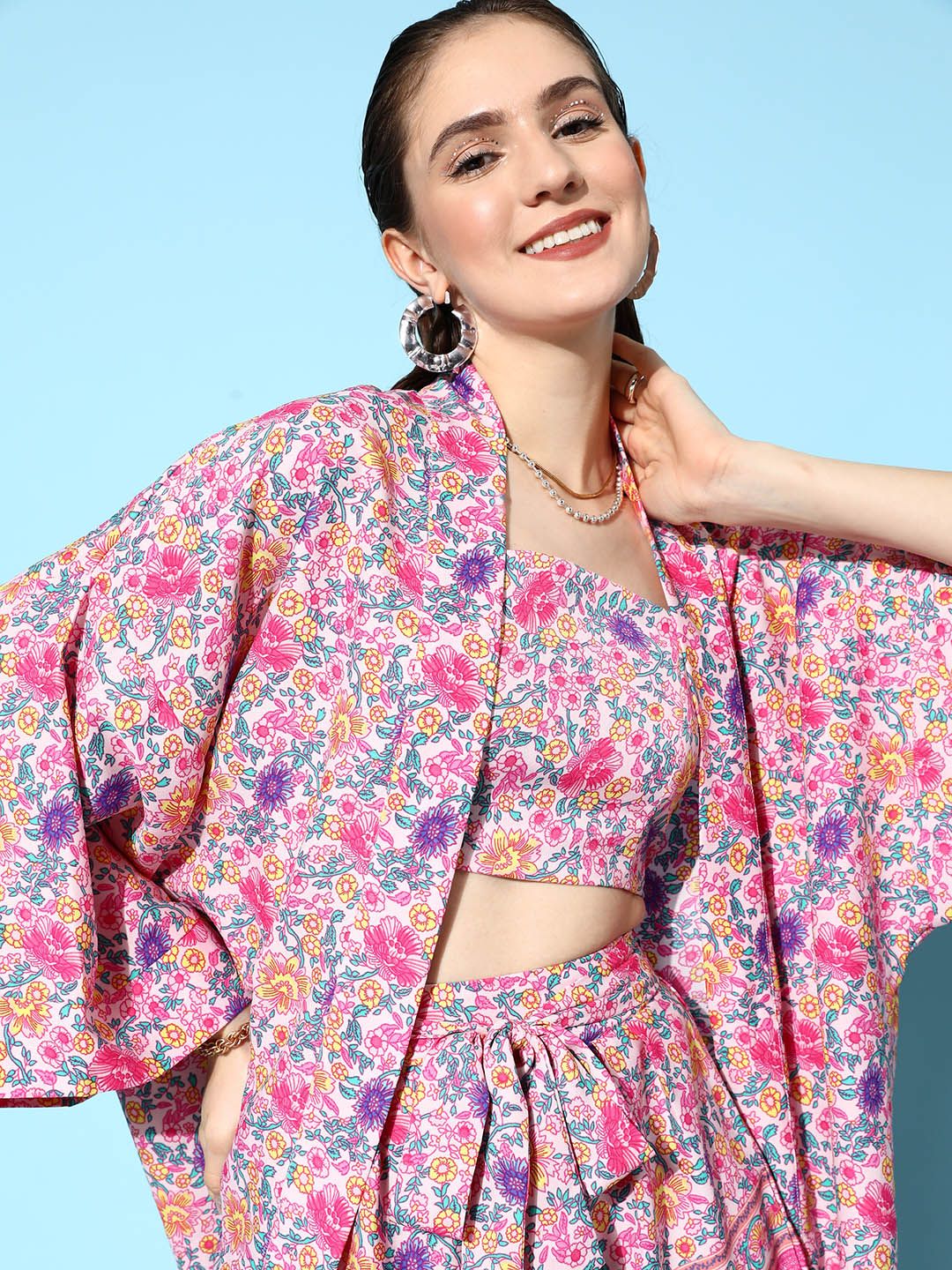 Berrylush Pink 3-Piece Printed Top with Shorts and Shrug