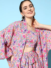 Berrylush Pink 3-Piece Printed Top with Shorts and Shrug