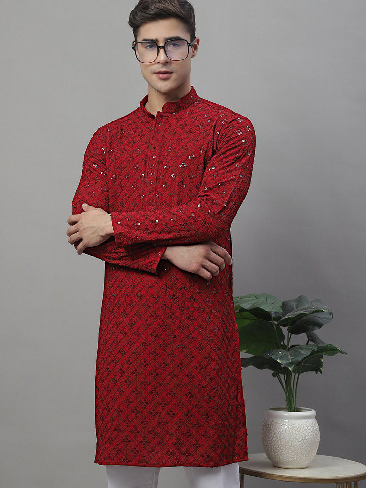 Jompers Mandarin Collar Ethnic Motifs Embroidered Chikankari Kurta