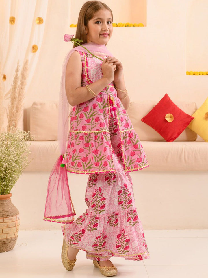 pspeaches Girls Floral Printed Gotta Patti Pure Cotton Kurta With Sharara & Dupatta