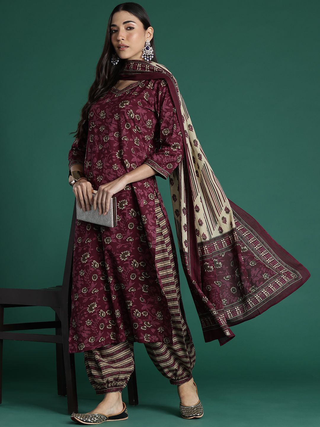 Indo Era Women Floral Printed Regular Pure Cotton Kurta with Salwar & With Dupatta