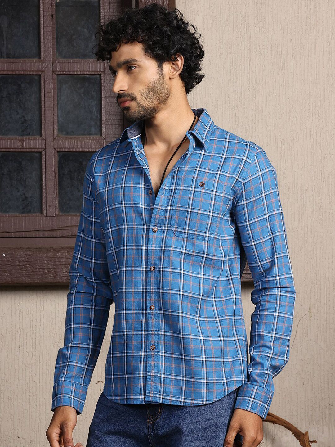 Thomas Scott Premium Slim Fit Tartan Checks Opaque Cotton Casual Shirt