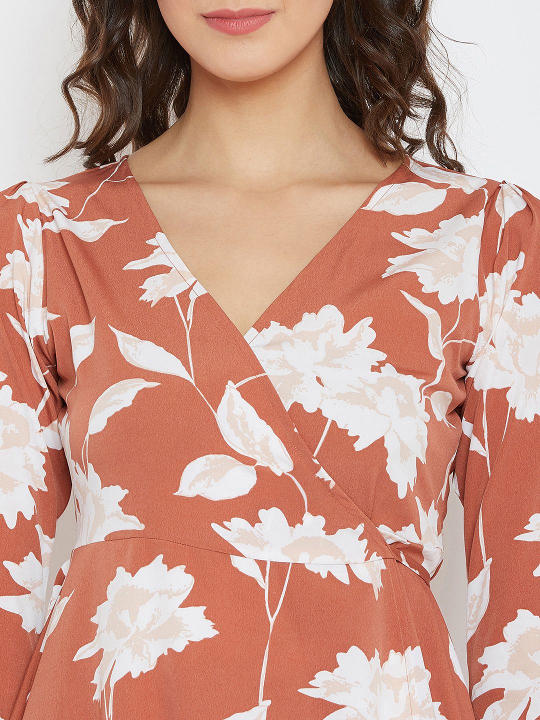 Berrylush Women Brown Floral Printed Wrap Dress